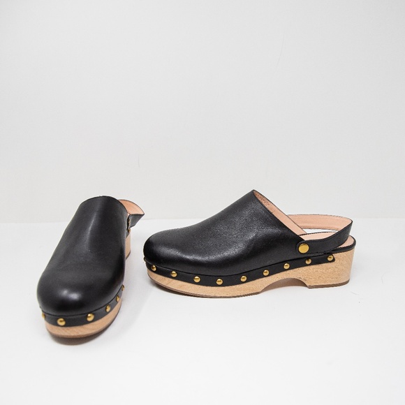 NEW J. Crew Convertible Leather Studded Embellished Wood Sole Clogs Shoe Black - Picture 1 of 4